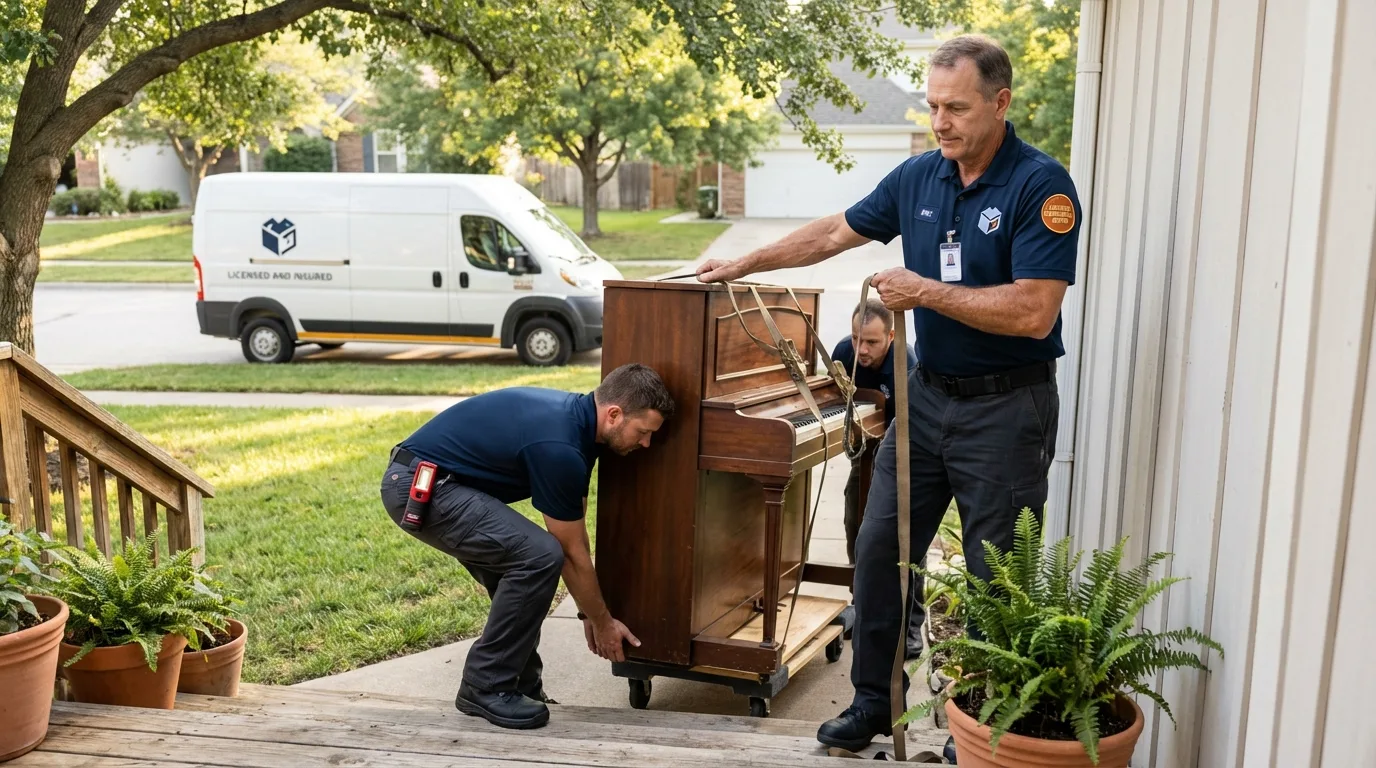 Licensed piano movers securing grand piano in Rogersville, MO