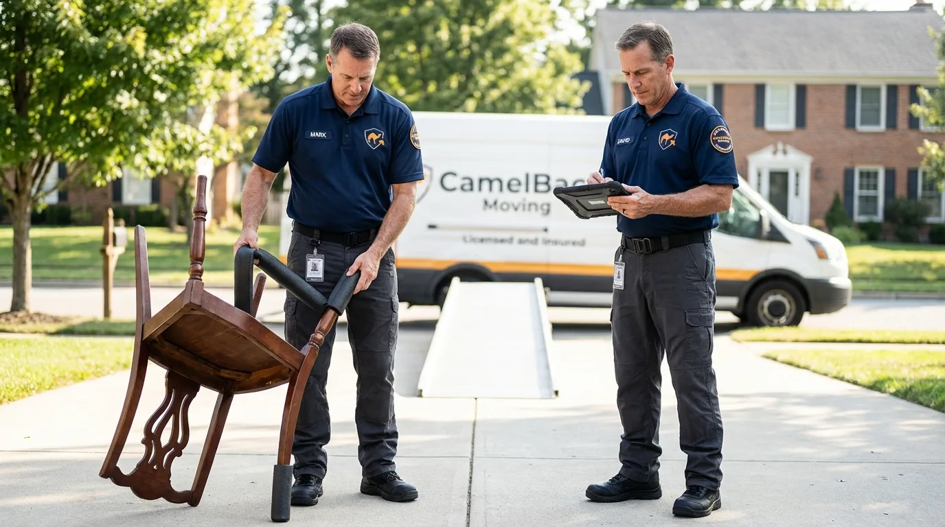 Movers inspecting furniture for damage prevention before loading in Rogersville, MO