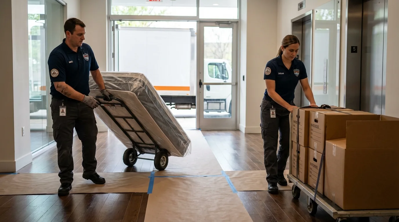 Professional apartment movers loading elevator in Rogersville, MO